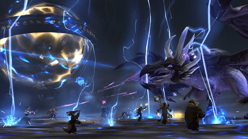 Raiding group battling Raszageth the Storm Incarnate, a proto-dragon, in the Vault of the Incarnates raid.